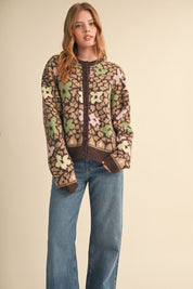 Flower Mosaic Contrast Cardigan in Mocha Brown Multi - product photo 7