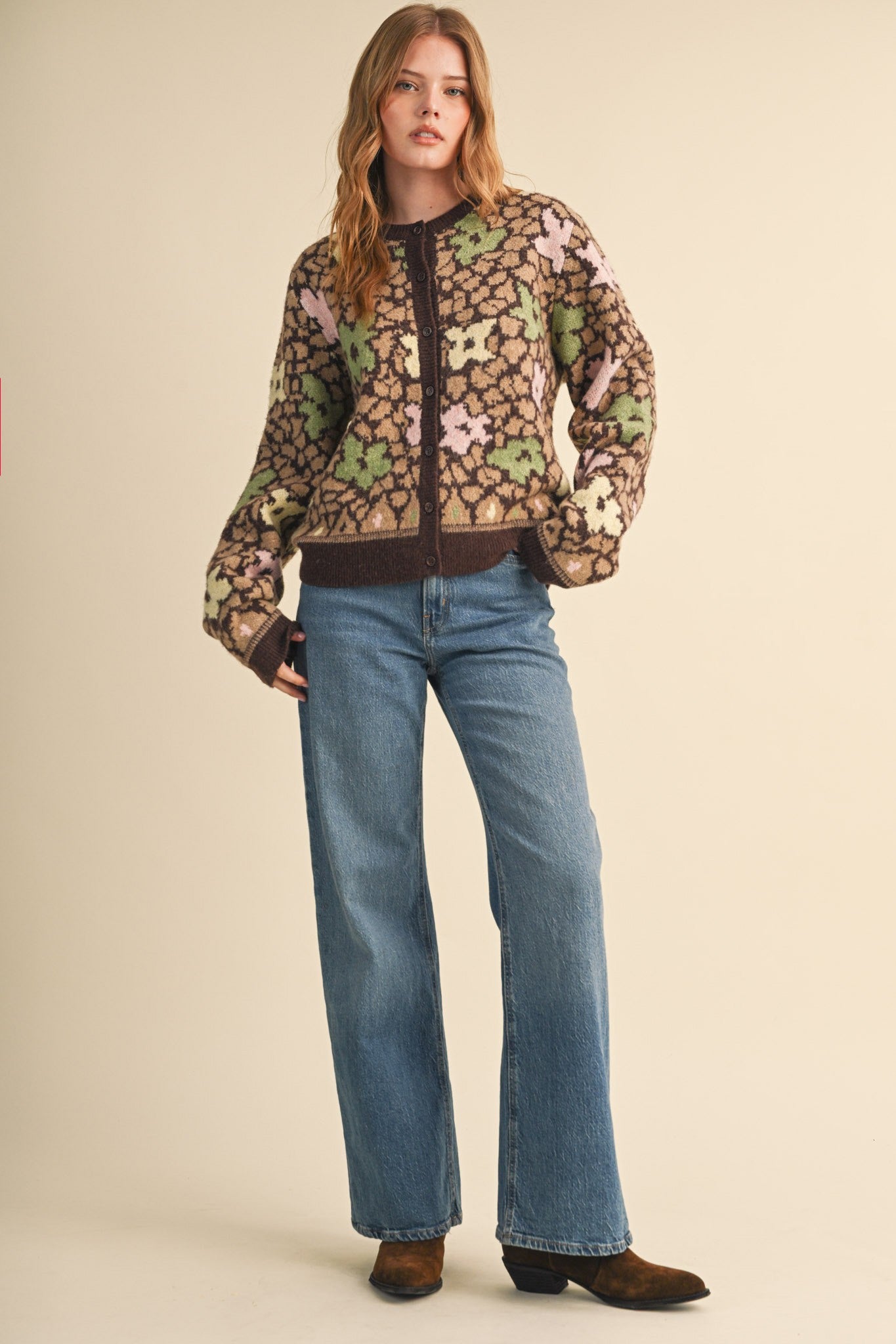 Flower Mosaic Contrast Cardigan in Mocha Brown Multi - product photo 8