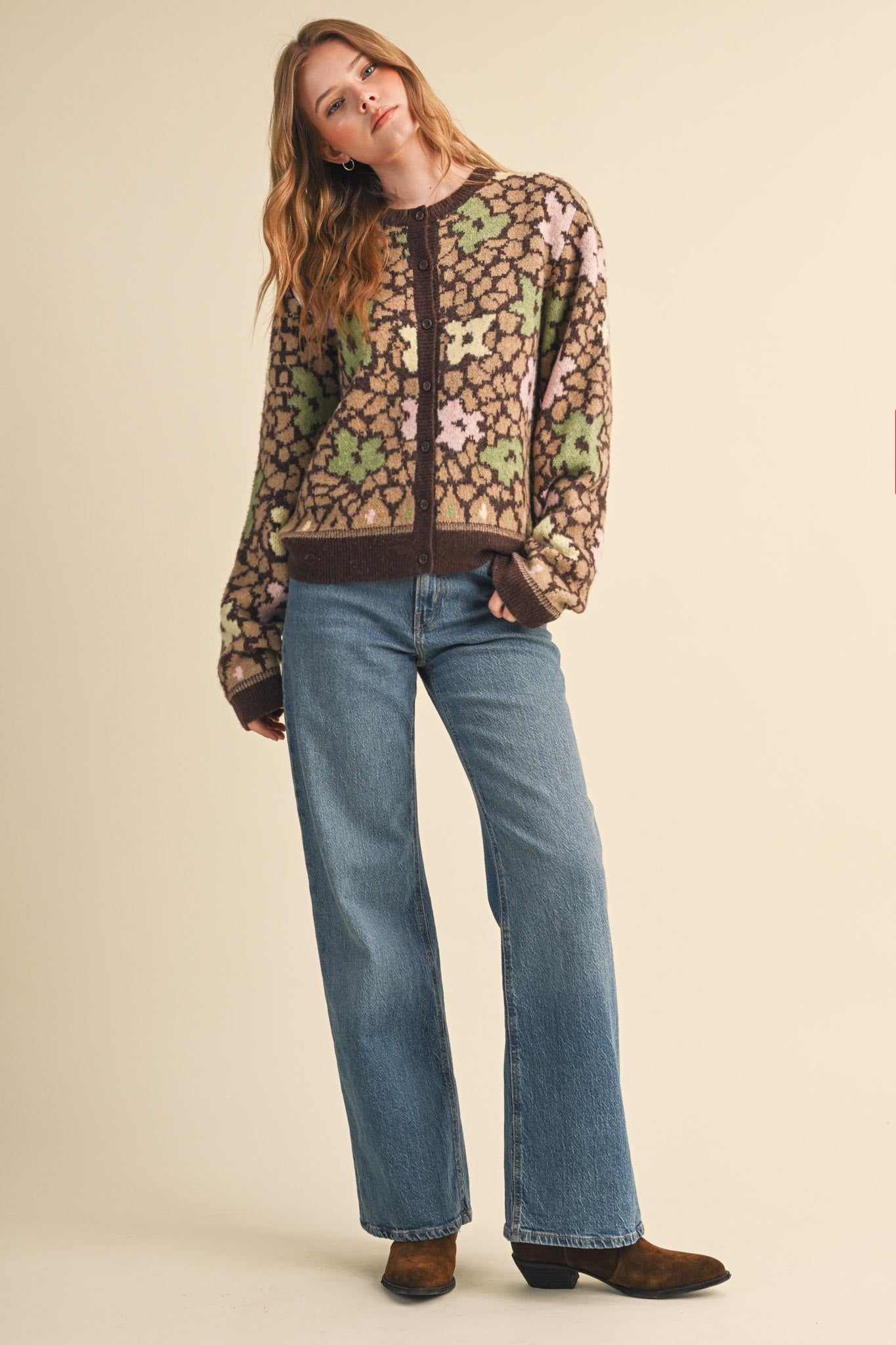 Flower Mosaic Contrast Cardigan in Mocha Brown Multi - product photo 9