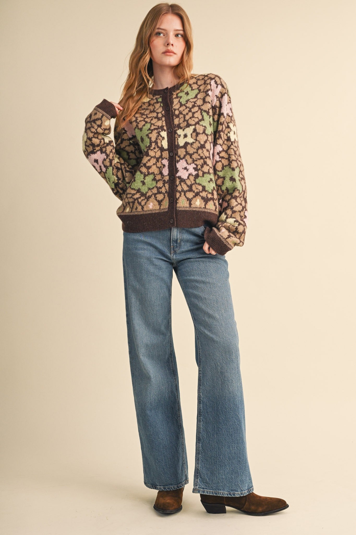 Flower Mosaic Contrast Cardigan in Mocha Brown Multi - product photo 10