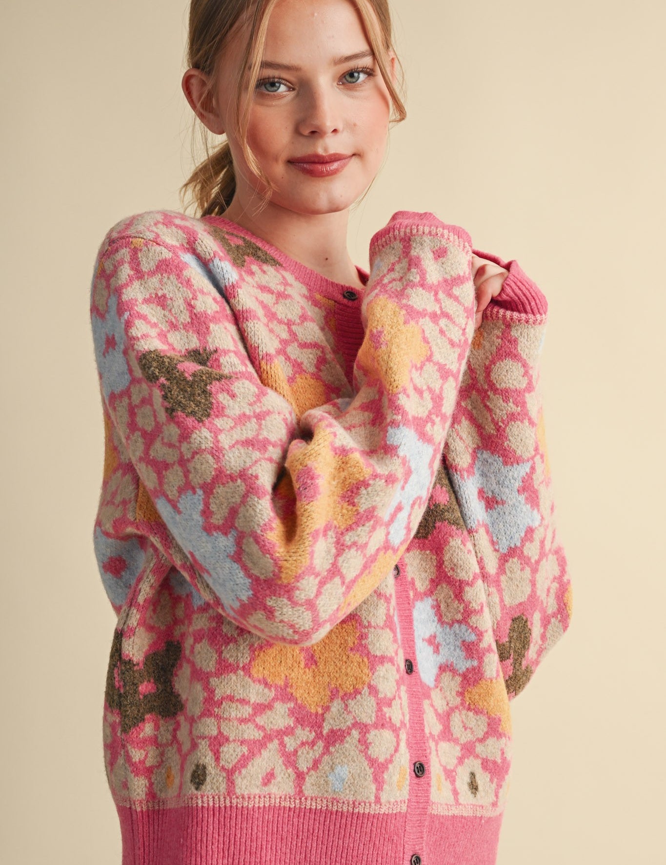 Flower Mosaic Contrast Cardigan in Pink Multi - product photo 1