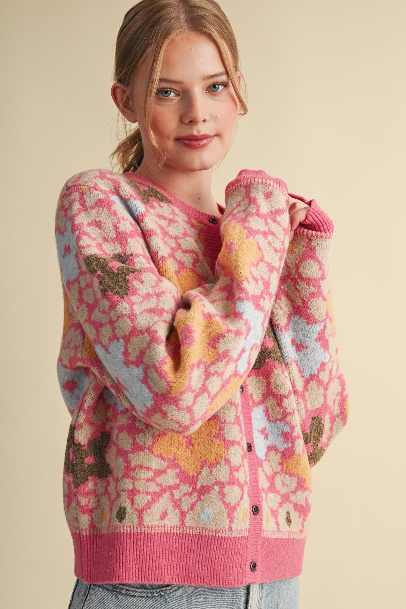 Flower Mosaic Contrast Cardigan in Pink Multi - product photo 1