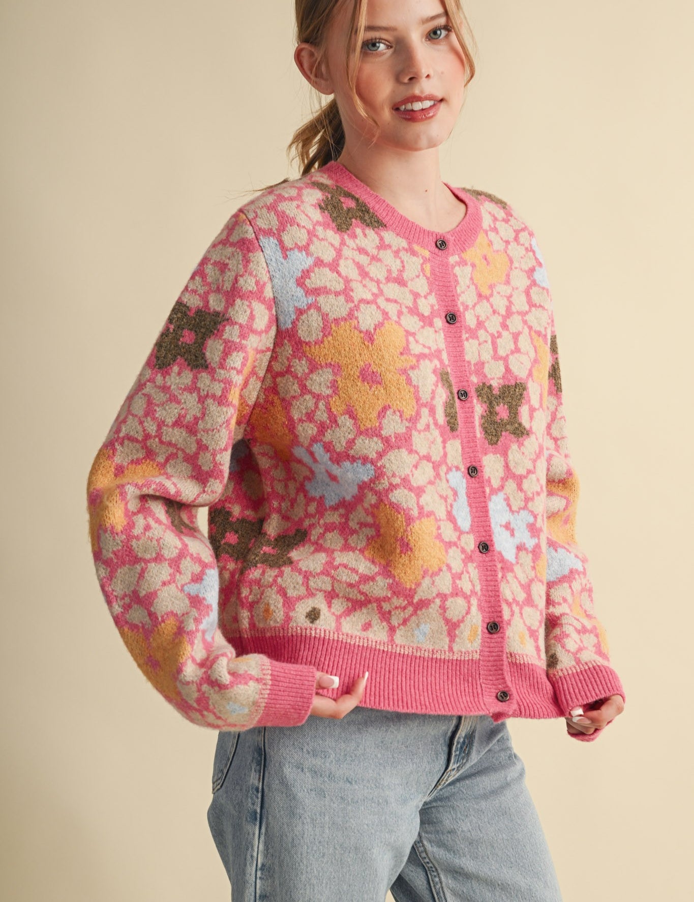 Flower Mosaic Contrast Cardigan in Pink Multi - product photo 2