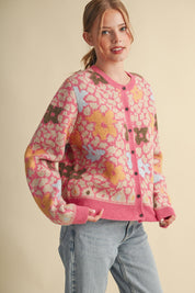 Flower Mosaic Contrast Cardigan in Pink Multi - product photo 2