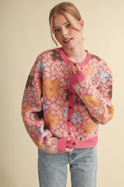 Flower Mosaic Contrast Cardigan in Pink Multi - product photo 3