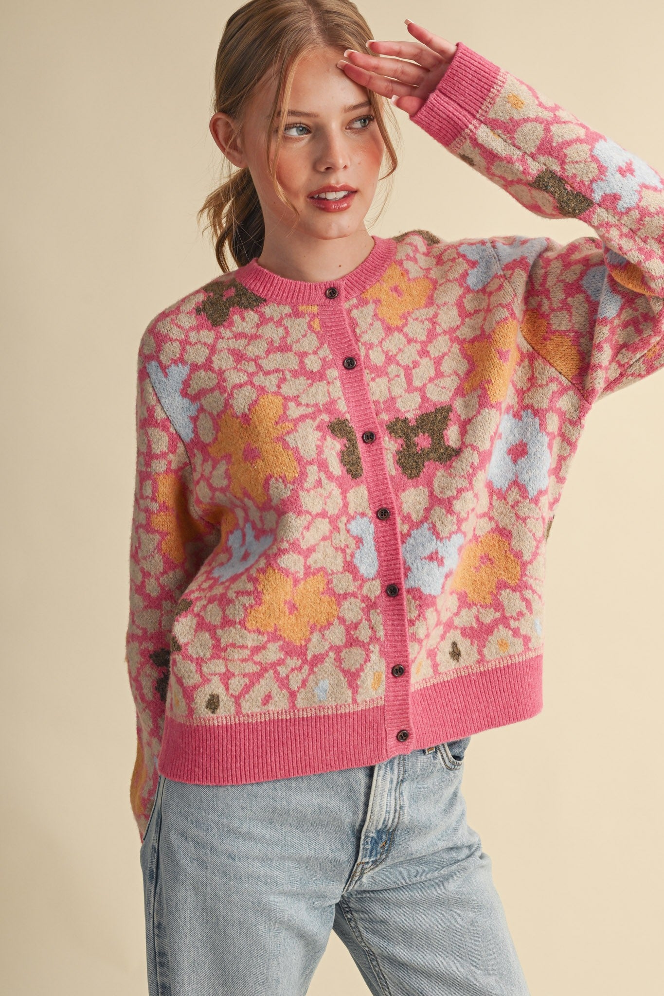 Flower Mosaic Contrast Cardigan in Pink Multi - product photo 4
