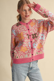 Flower Mosaic Contrast Cardigan in Pink Multi - product photo 4