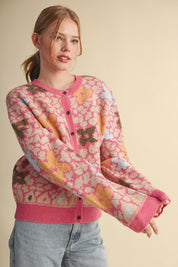 Flower Mosaic Contrast Cardigan in Pink Multi - product photo 5