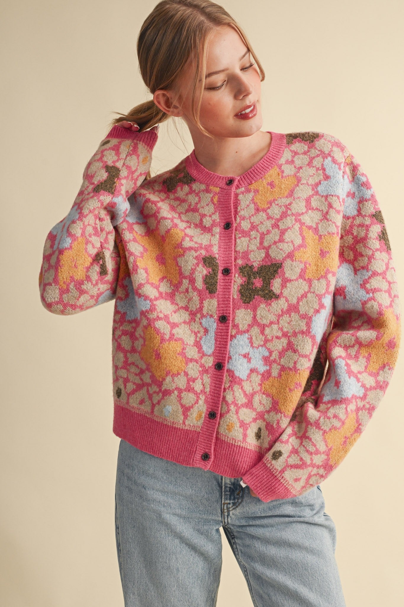 Flower Mosaic Contrast Cardigan in Pink Multi - product photo 6