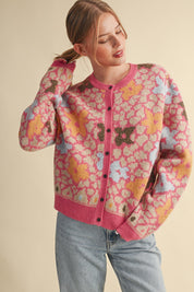 Flower Mosaic Contrast Cardigan in Pink Multi - product photo 6