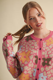 Flower Mosaic Contrast Cardigan in Pink Multi - product photo 7