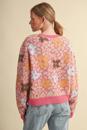 Flower Mosaic Contrast Cardigan in Pink Multi - product photo 8