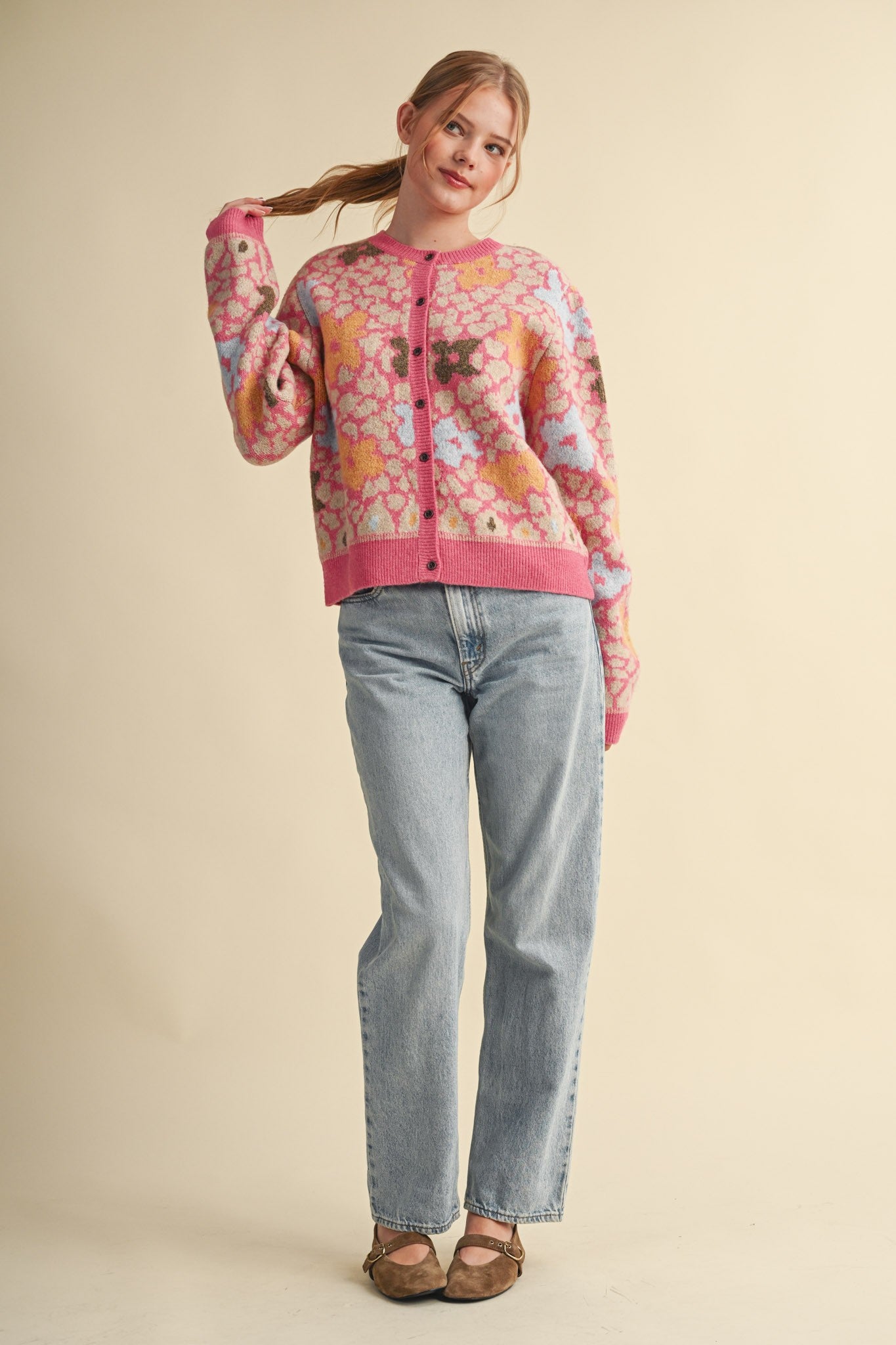 Flower Mosaic Contrast Cardigan in Pink Multi - product photo 9