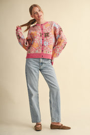 Flower Mosaic Contrast Cardigan in Pink Multi - product photo 10