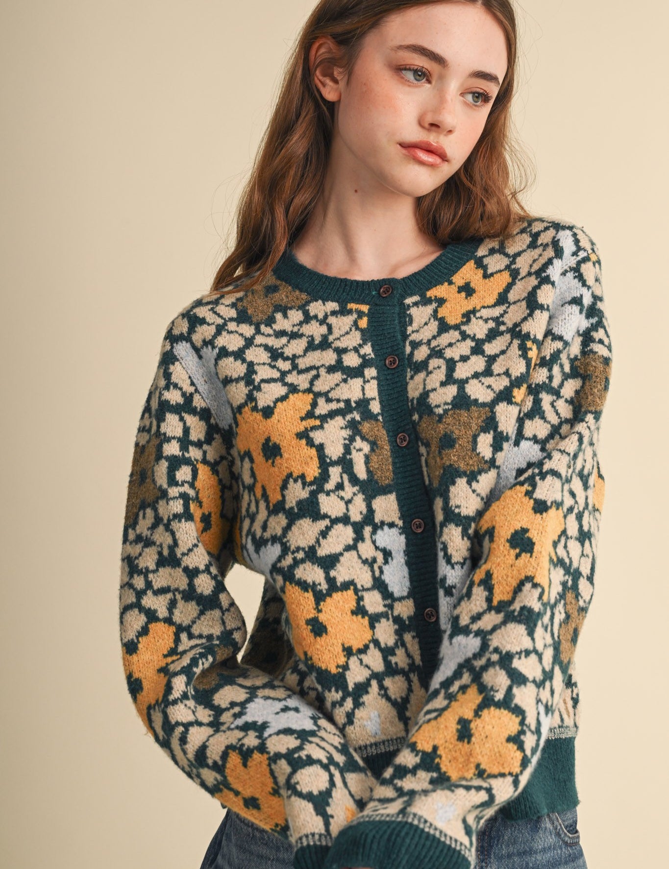 Flower Mosaic Contrast Cardigan in Teal Mustard Multi - product photo 1