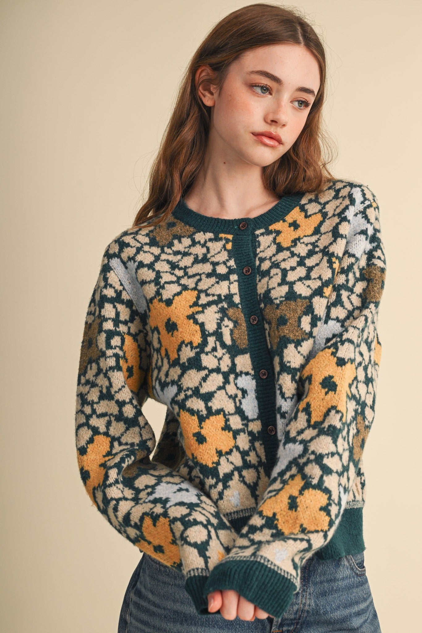 Flower Mosaic Contrast Cardigan in Teal Mustard Multi - product photo 1