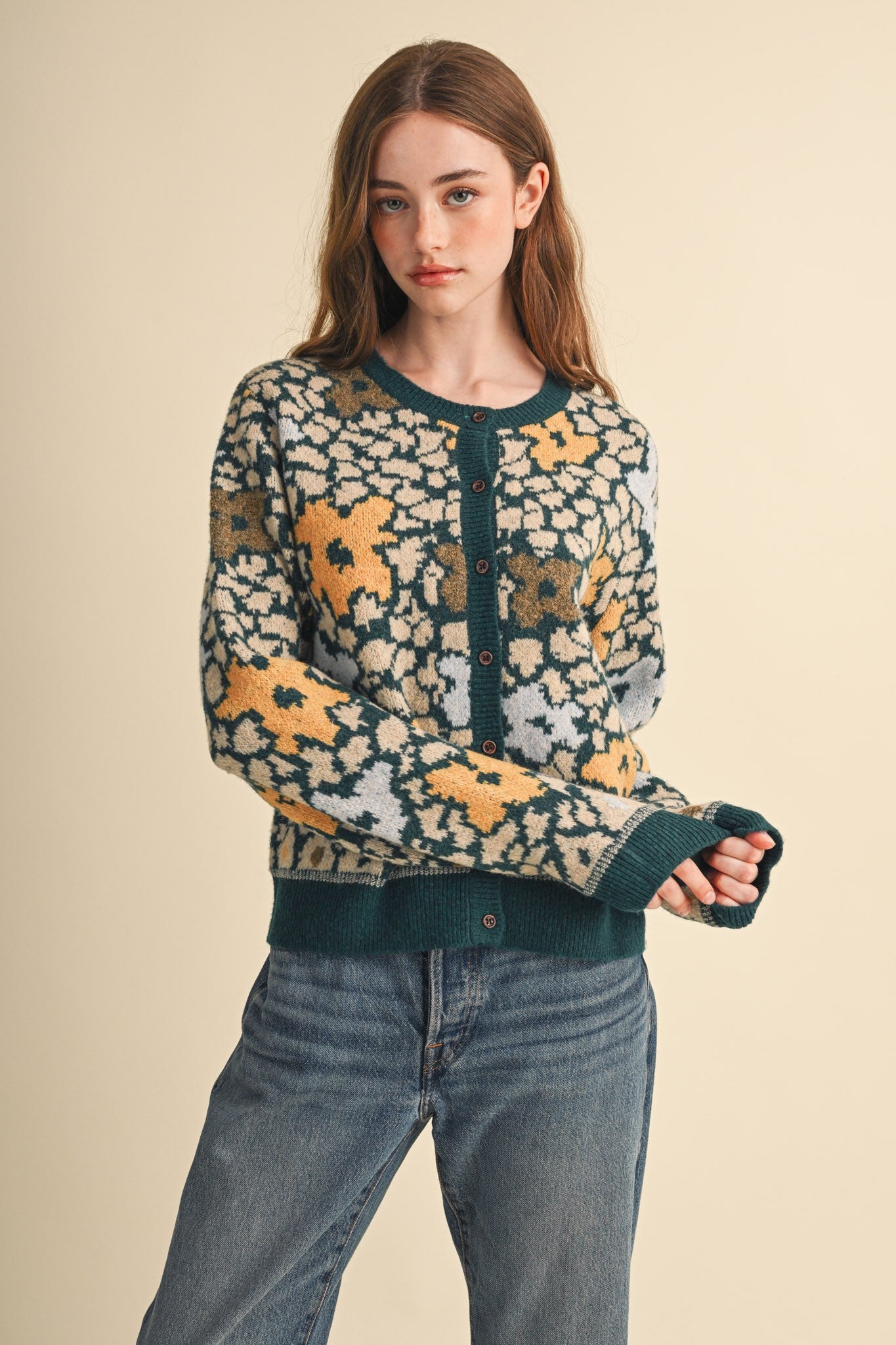 Flower Mosaic Contrast Cardigan in Teal Mustard Multi - product photo 2