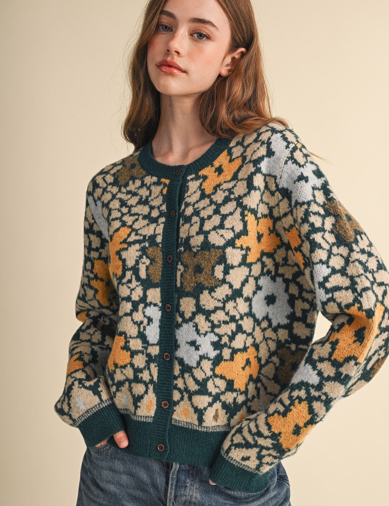 Flower Mosaic Contrast Cardigan in Teal Mustard Multi - product photo 3
