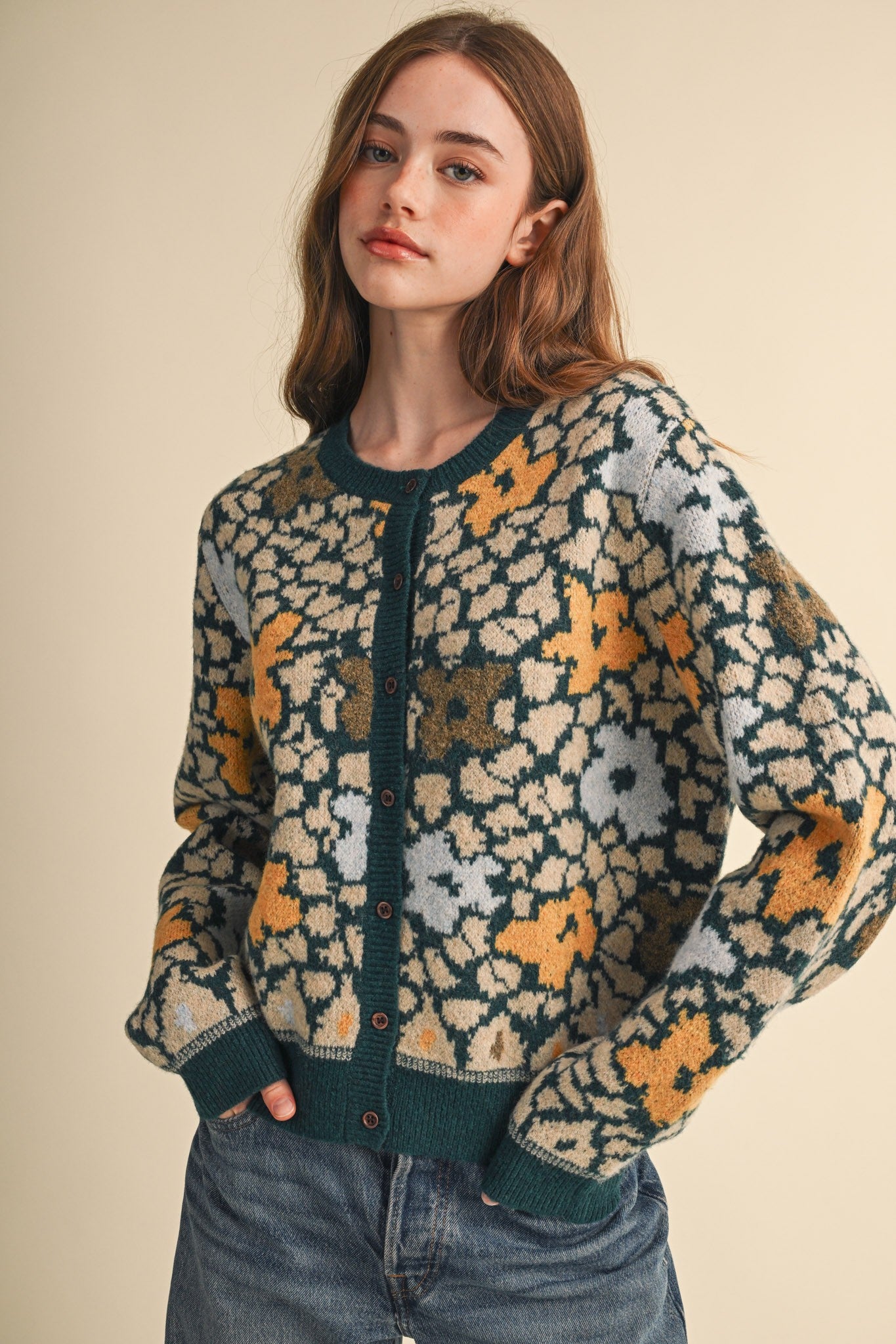 Flower Mosaic Contrast Cardigan in Teal Mustard Multi - product photo 3
