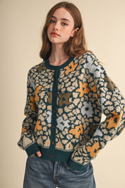 Flower Mosaic Contrast Cardigan in Teal Mustard Multi - product photo 3