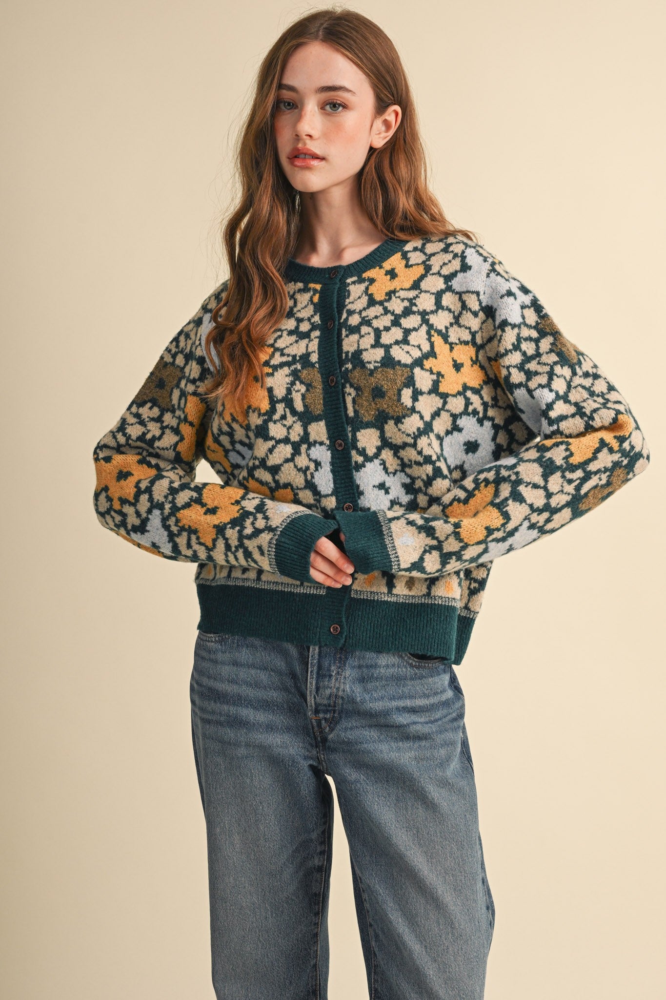 Flower Mosaic Contrast Cardigan in Teal Mustard Multi - product photo 4