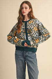 Flower Mosaic Contrast Cardigan in Teal Mustard Multi - product photo 4