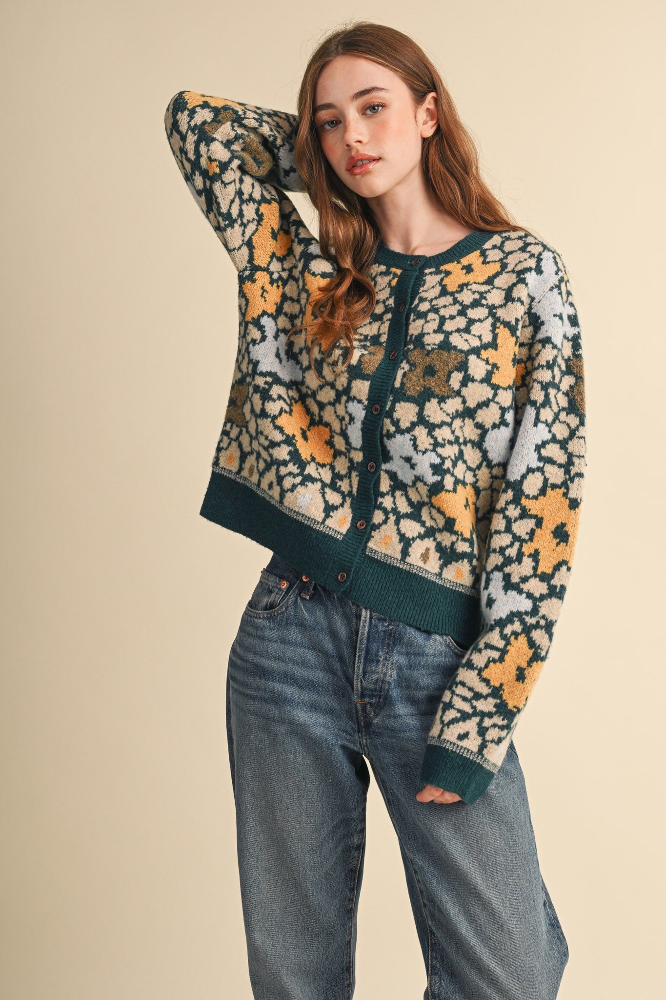 Flower Mosaic Contrast Cardigan in Teal Mustard Multi - product photo 5
