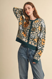 Flower Mosaic Contrast Cardigan in Teal Mustard Multi - product photo 5