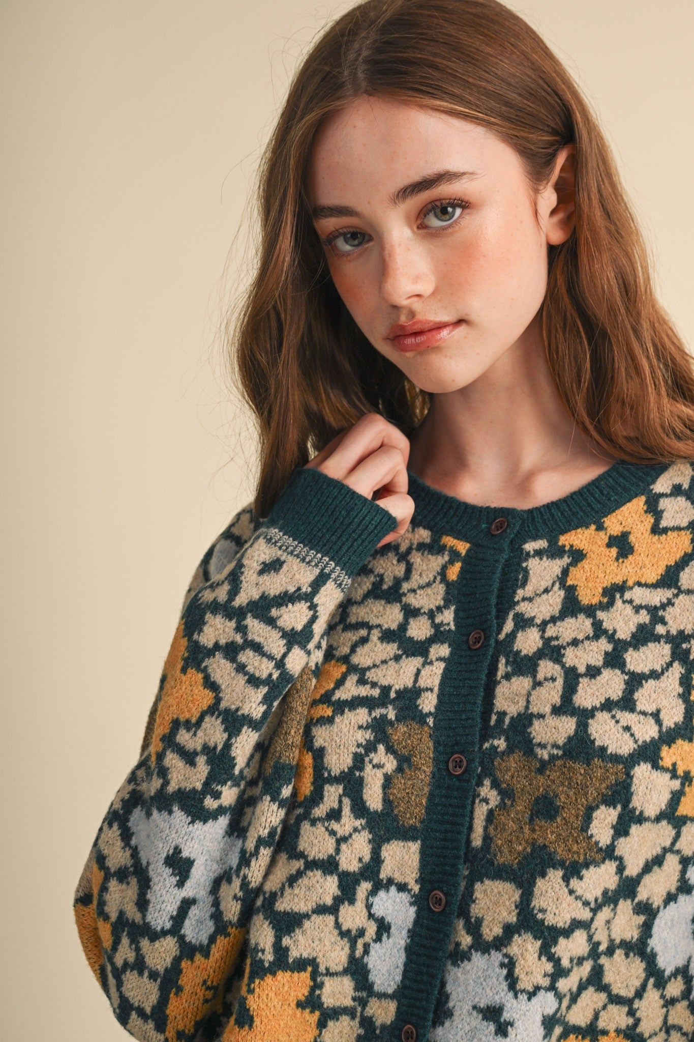 Flower Mosaic Contrast Cardigan in Teal Mustard Multi - product photo 6
