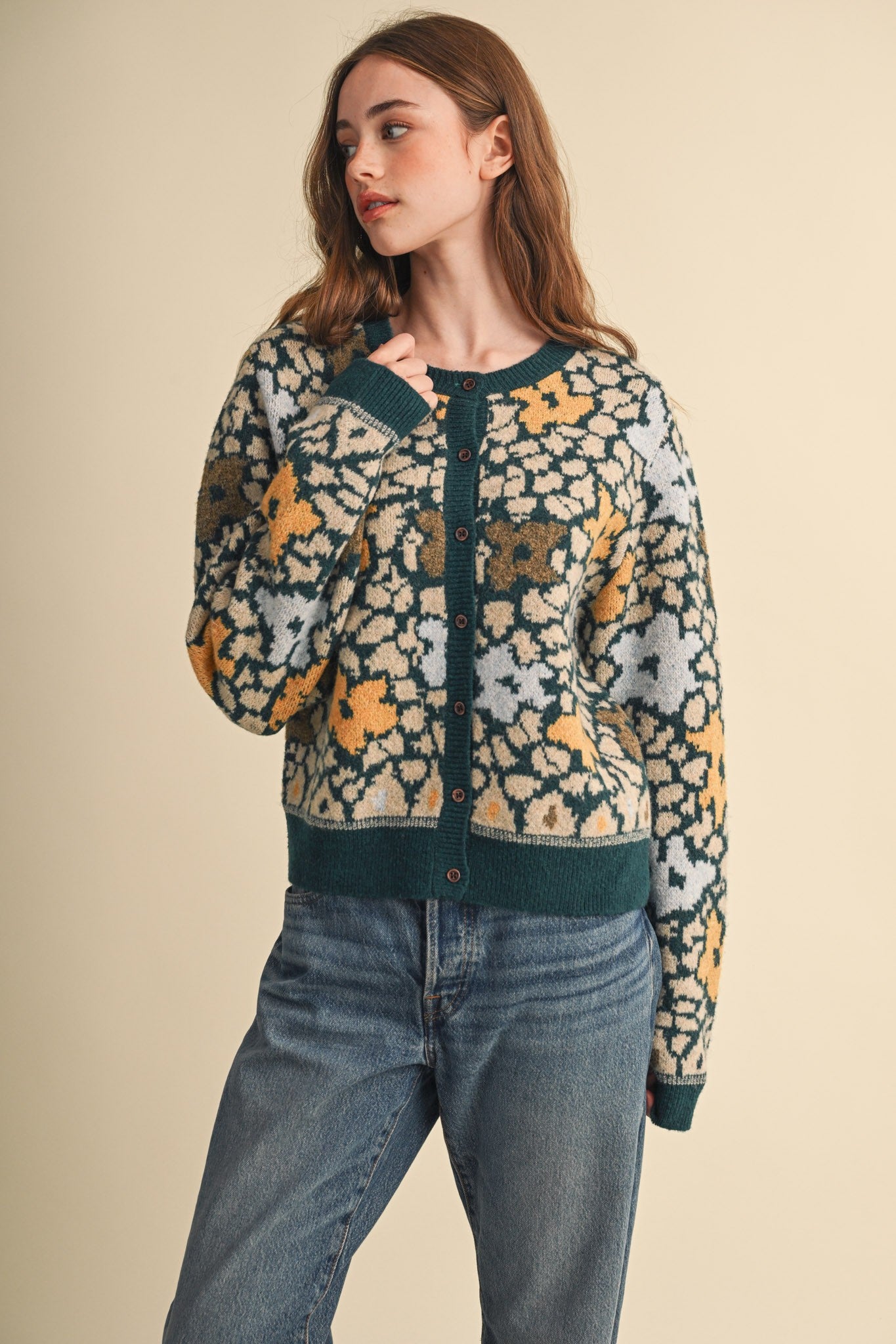 Flower Mosaic Contrast Cardigan in Teal Mustard Multi - product photo 7