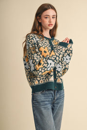 Flower Mosaic Contrast Cardigan in Teal Mustard Multi - product photo 8