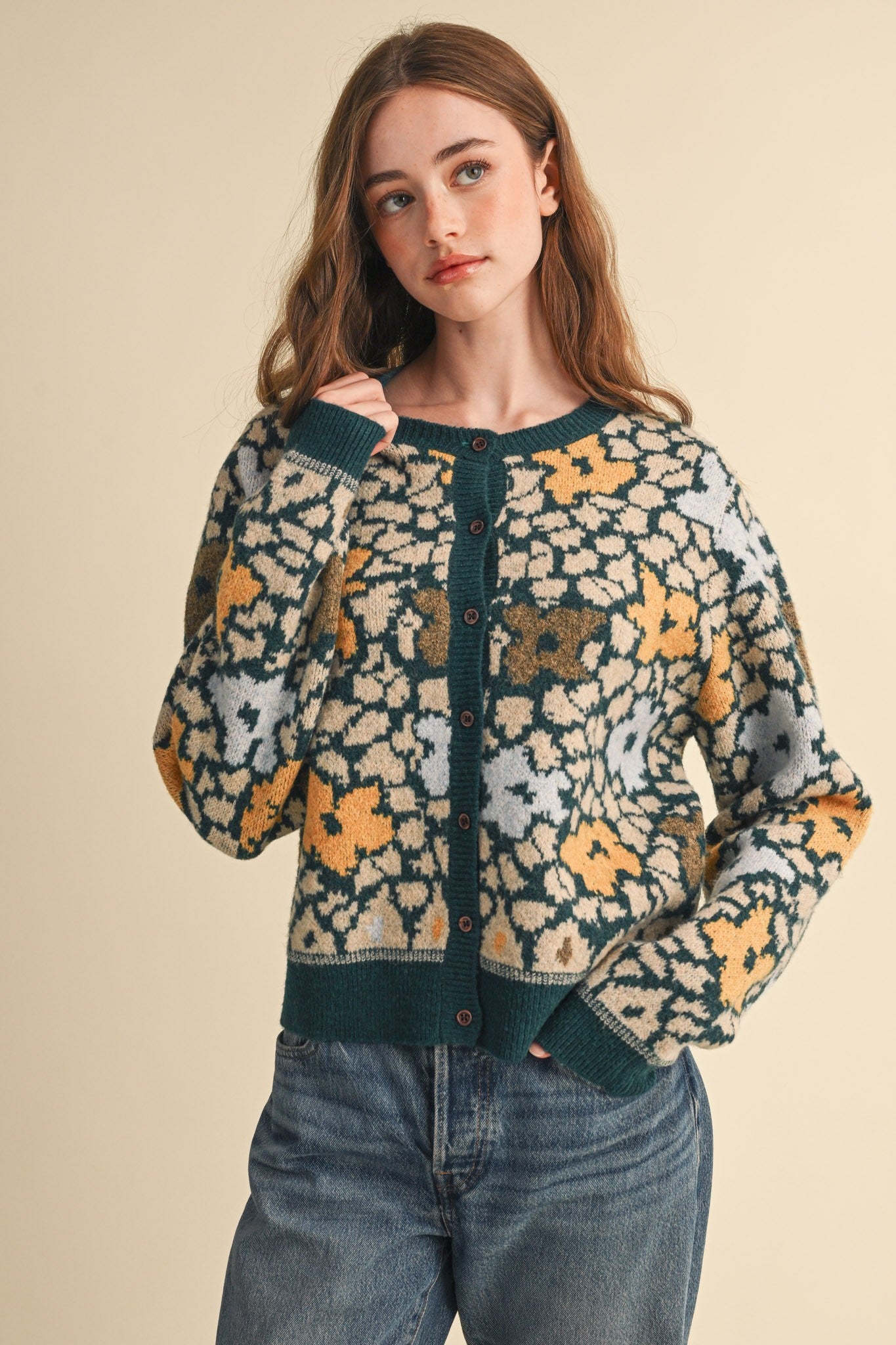 Flower Mosaic Contrast Cardigan in Teal Mustard Multi - product photo 9