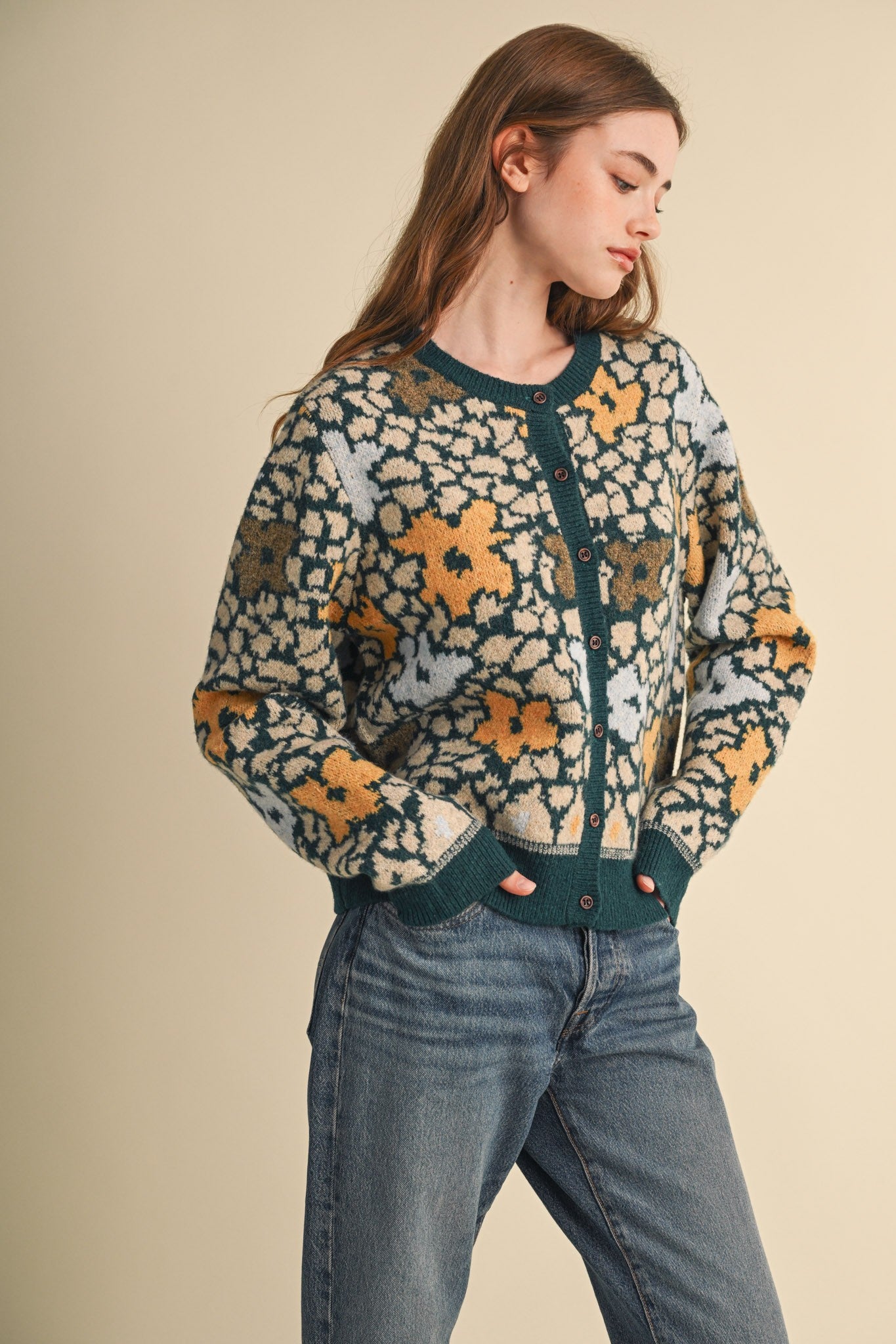 Flower Mosaic Contrast Cardigan in Teal Mustard Multi - product photo 10