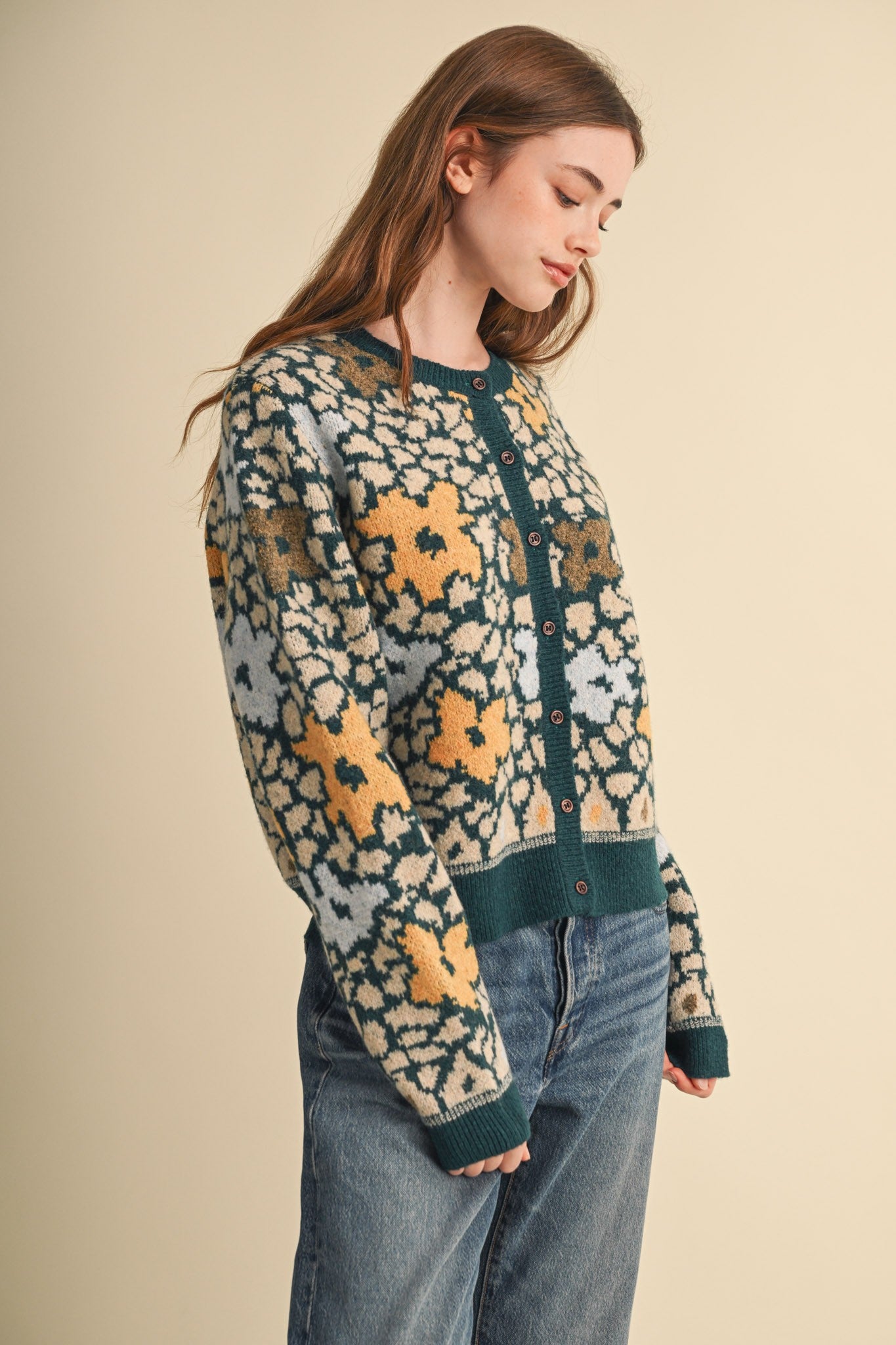 Flower Mosaic Contrast Cardigan in Teal Mustard Multi - product photo 11
