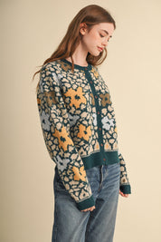 Flower Mosaic Contrast Cardigan in Teal Mustard Multi - product photo 11