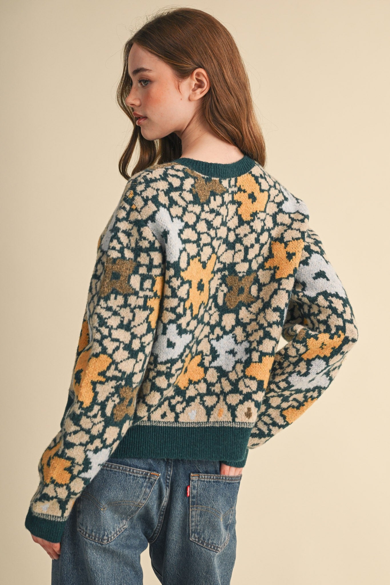Flower Mosaic Contrast Cardigan in Teal Mustard Multi - product photo 12