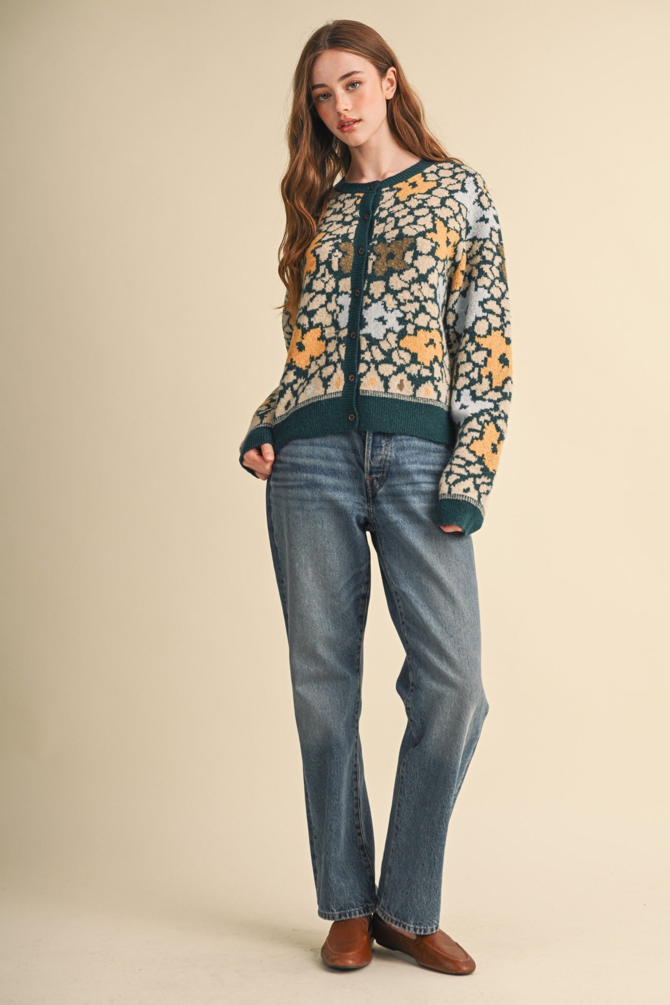 Flower Mosaic Contrast Cardigan in Teal Mustard Multi - product photo 13