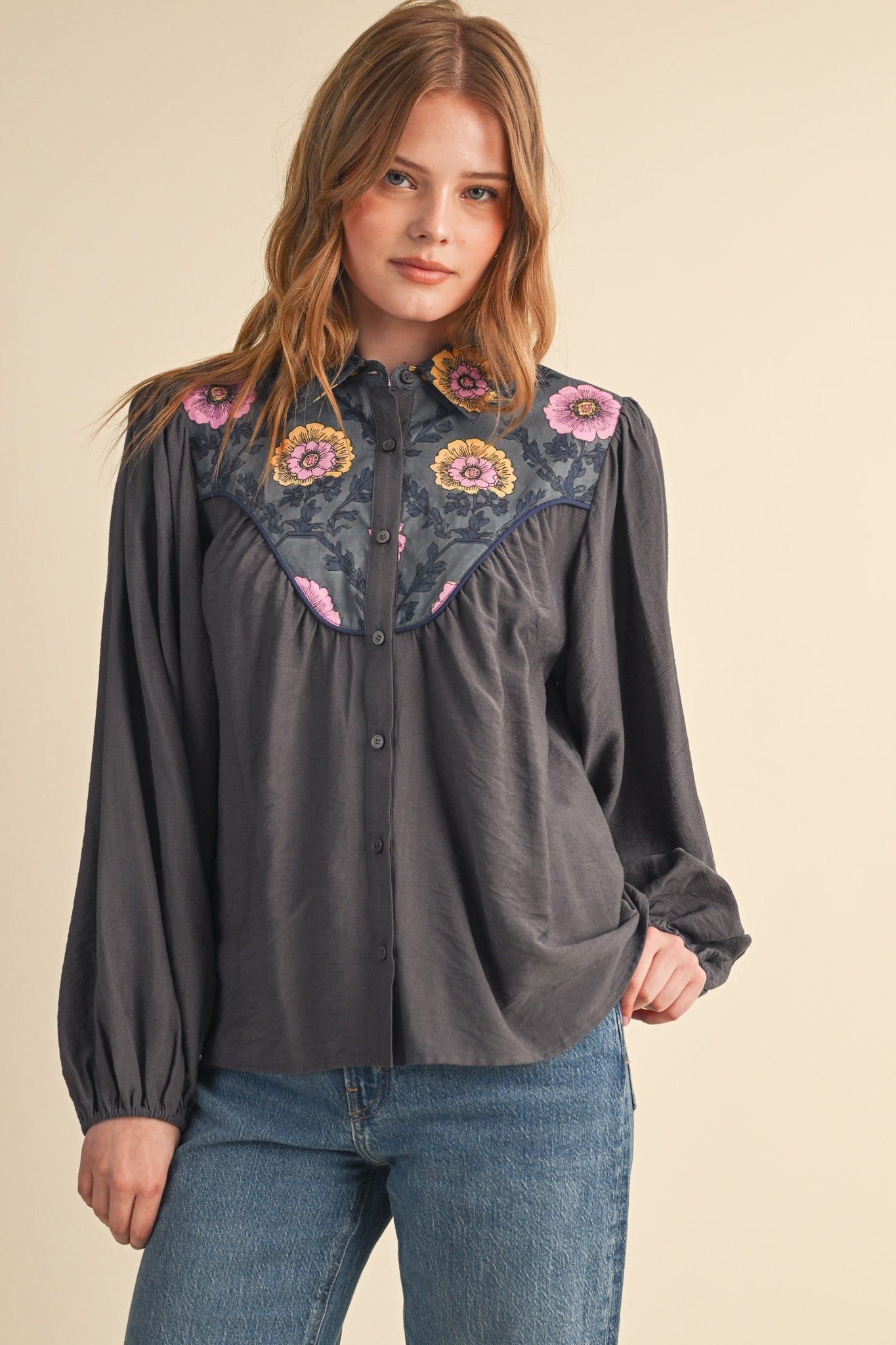 Folk Parade Floral Yoke Blouse in Charcoal, photo 1
