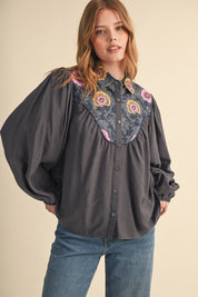 Folk Parade Floral Yoke Blouse in Charcoal, photo 2