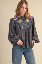 Folk Parade Floral Yoke Blouse in Charcoal, photo 3