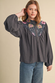 Folk Parade Floral Yoke Blouse in Charcoal, photo 4