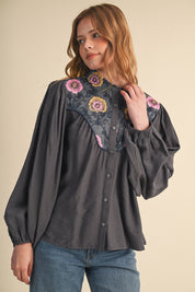 Folk Parade Floral Yoke Blouse in Charcoal, photo 5