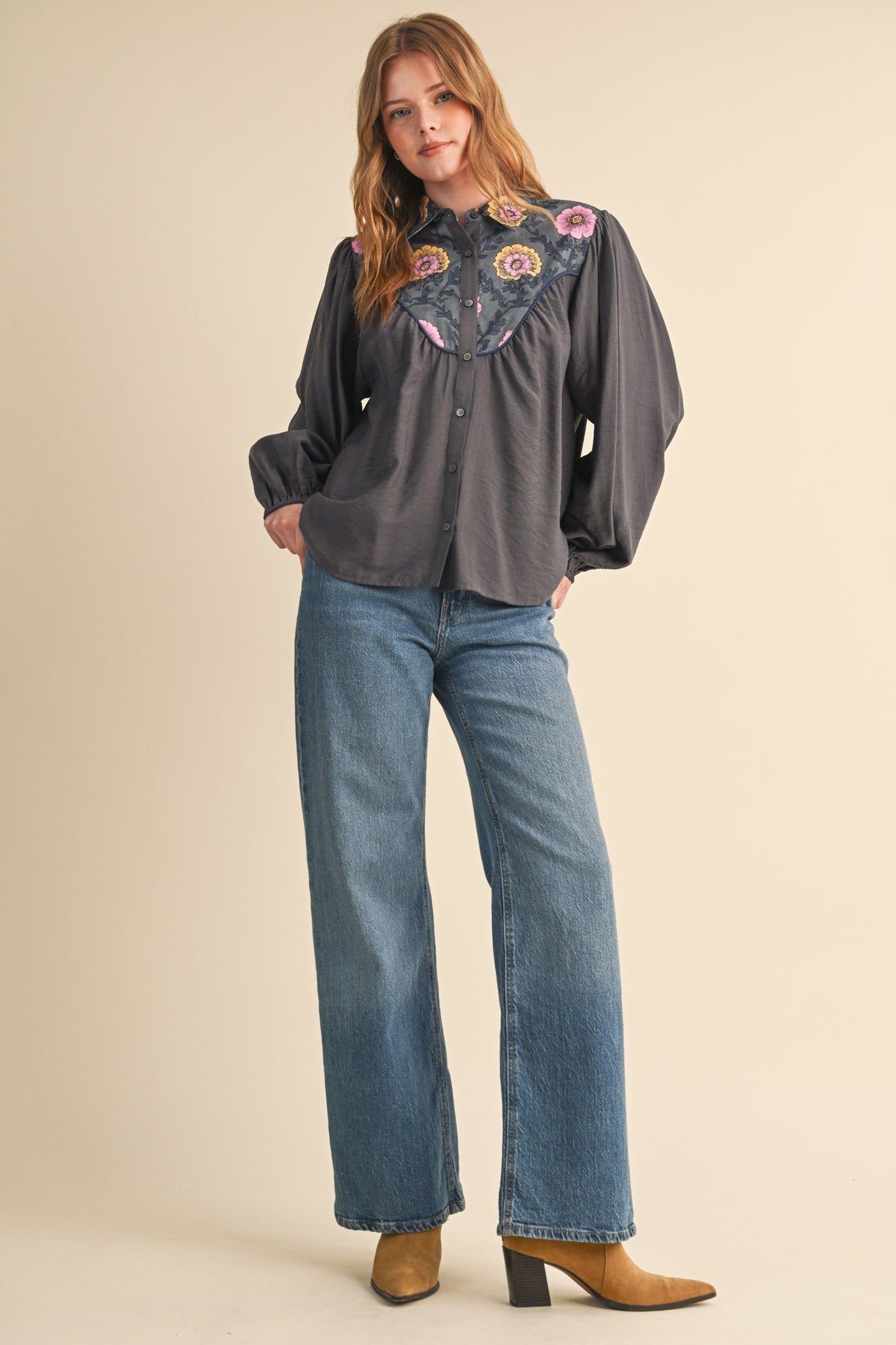 Folk Parade Floral Yoke Blouse in Charcoal, photo 7