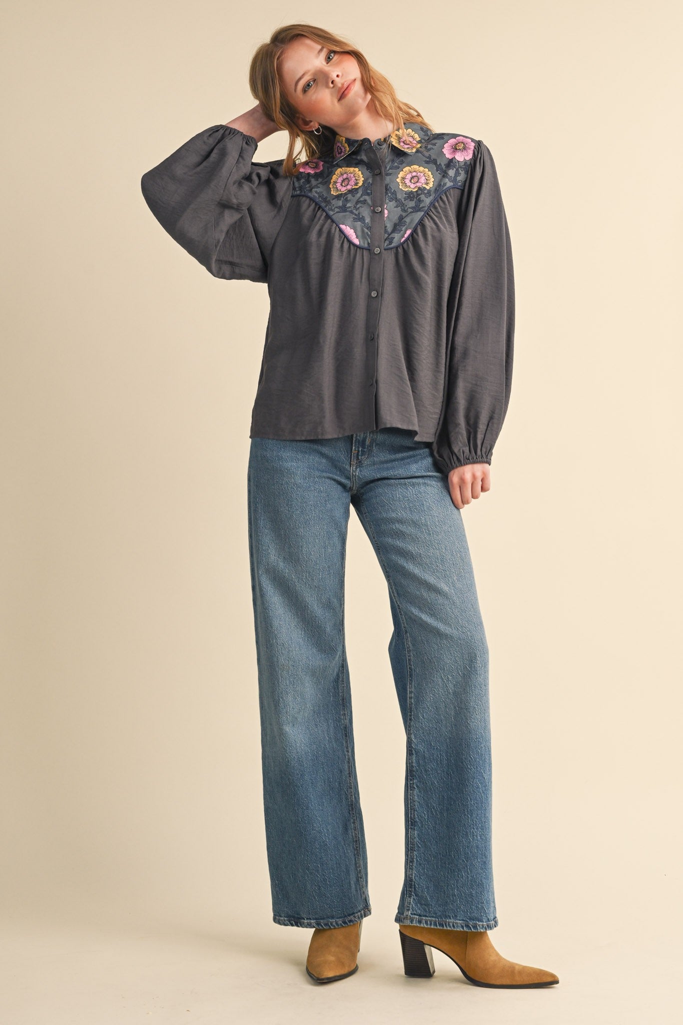Folk Parade Floral Yoke Blouse in Charcoal, photo 9