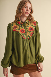 Folk Parade Floral Yoke Blouse in Olive, photo 1