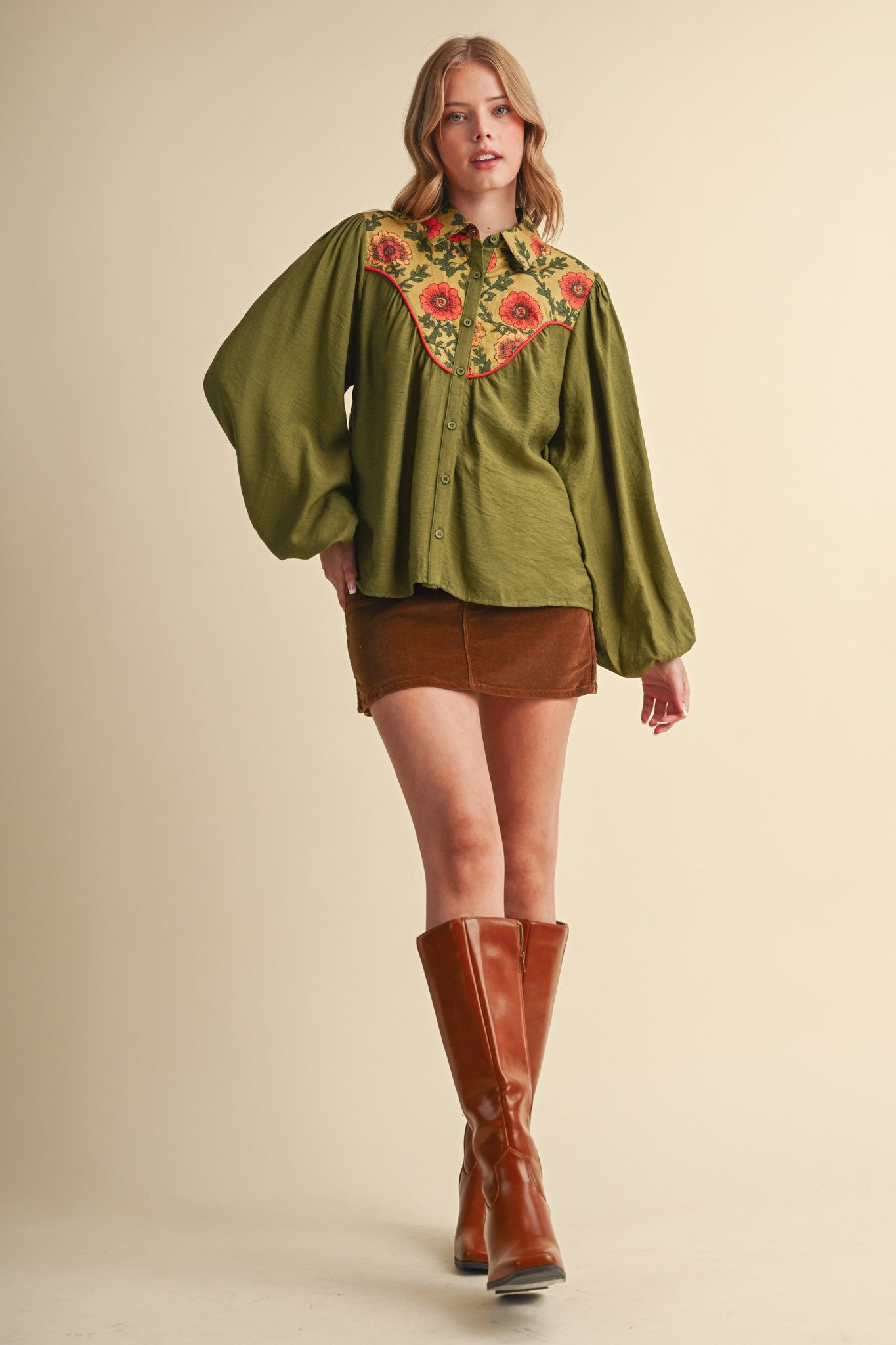 Folk Parade Floral Yoke Blouse in Olive, photo 6