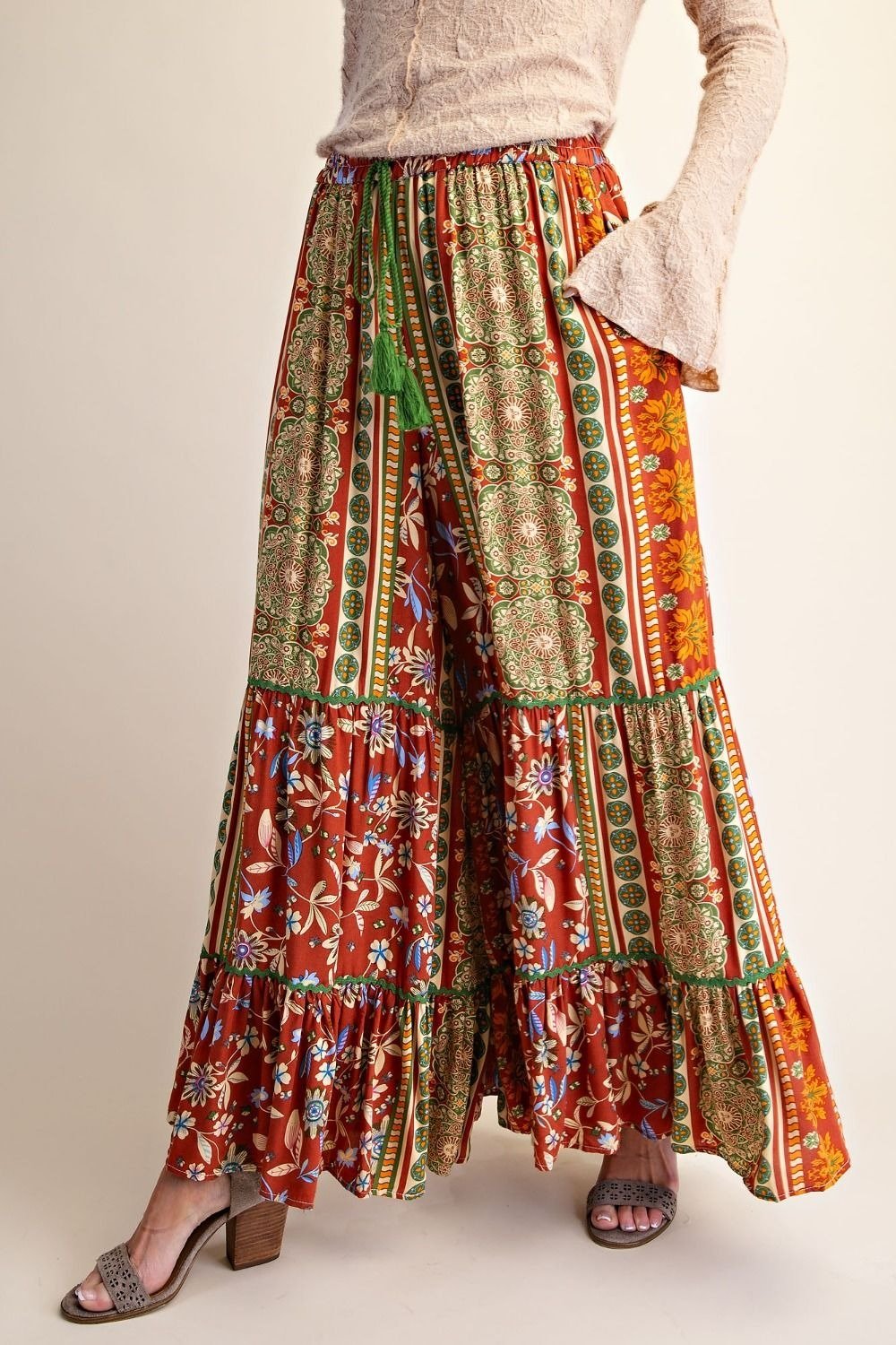 Folk Song Printed Challis Ruffle Bottom Palazzo Pants - Westly