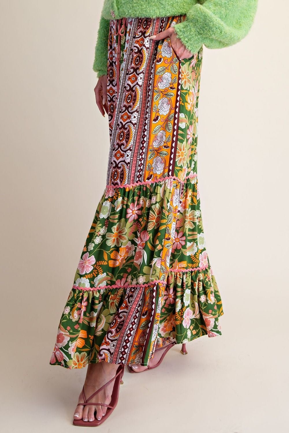 Folk Song Printed Challis Ruffle Bottom Palazzo Pants - Westly