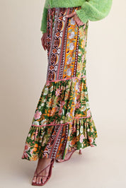Folk Song Printed Challis Ruffle Bottom Palazzo Pants - Westly
