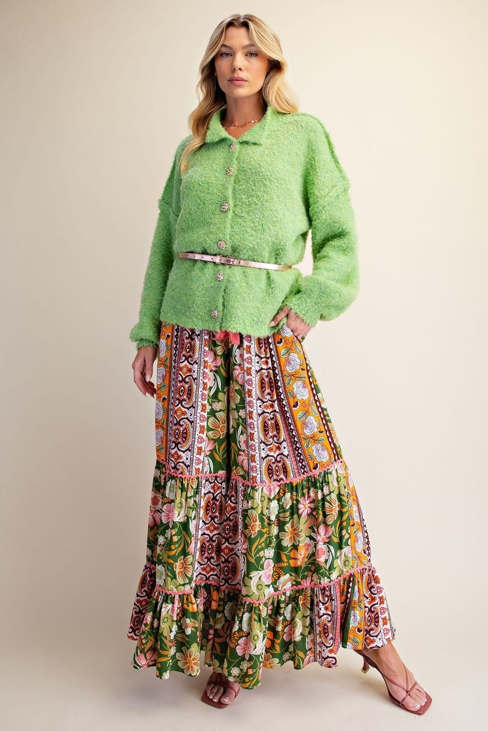 Folk Song Printed Challis Ruffle Bottom Palazzo Pants - Westly